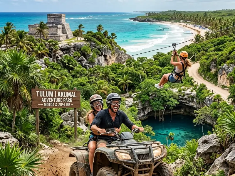 Tulum + Akumal (Tartarugas) + Casa Jaguar (Moto4 + Cenotes + Tirolesa)