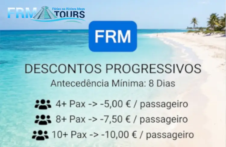 Banner dos Descontos Progressivos FRM em excursões na Riviera Maya com selo azul FRM, destacando descontos diretos de -5€, -7,50€ e -10€ por passageiro com antecedência mínima de 8 dias numa paisagem tropical.